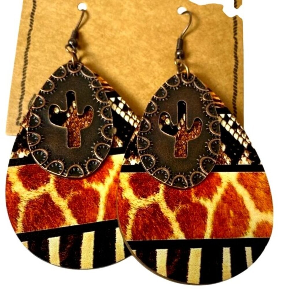 Rustic Coutures Cactus Hollow Out Earrings With Animal Print Teardrop NWT